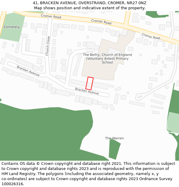 41, BRACKEN AVENUE, OVERSTRAND, CROMER, NR27 0NZ: Location map and indicative extent of plot