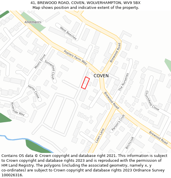 41, BREWOOD ROAD, COVEN, WOLVERHAMPTON, WV9 5BX: Location map and indicative extent of plot