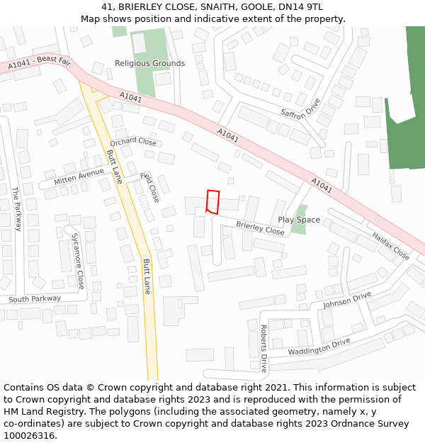 41, BRIERLEY CLOSE, SNAITH, GOOLE, DN14 9TL: Location map and indicative extent of plot