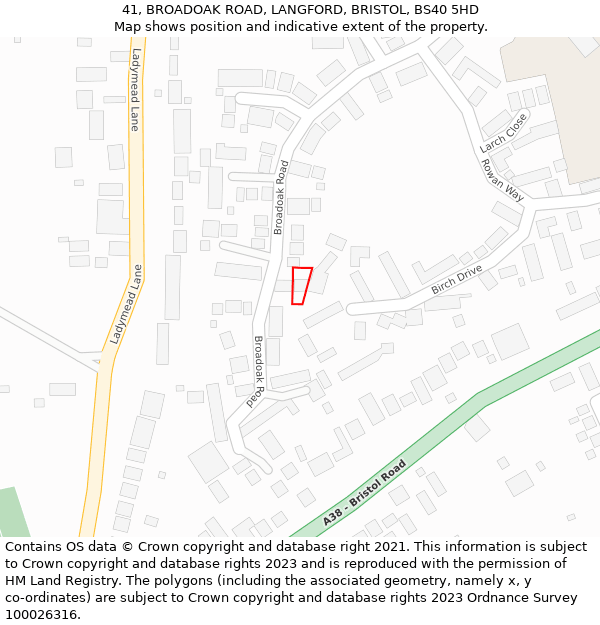 41, BROADOAK ROAD, LANGFORD, BRISTOL, BS40 5HD: Location map and indicative extent of plot