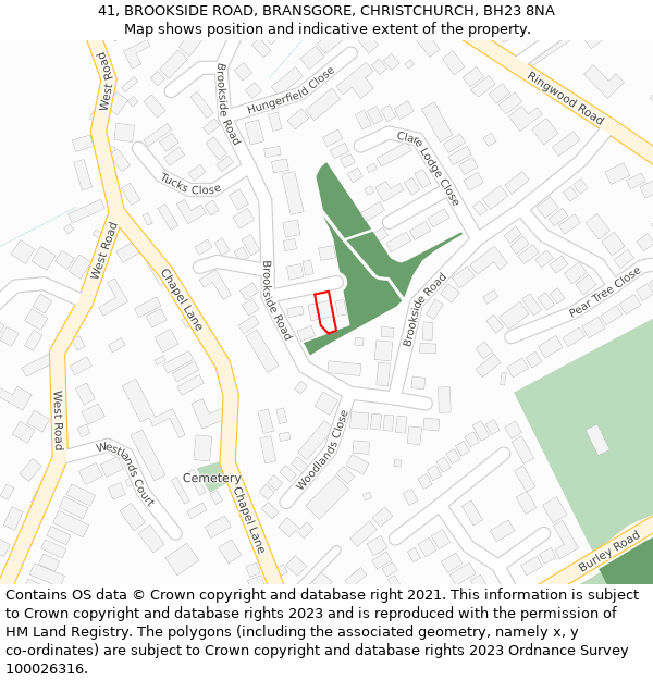 41, BROOKSIDE ROAD, BRANSGORE, CHRISTCHURCH, BH23 8NA: Location map and indicative extent of plot
