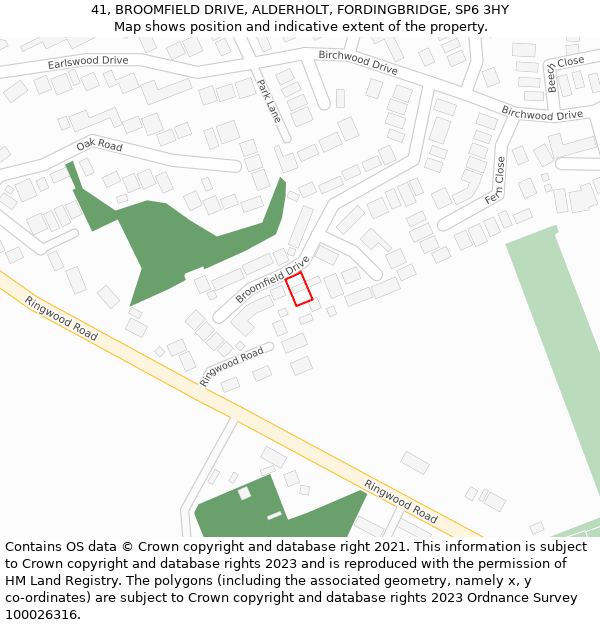 41, BROOMFIELD DRIVE, ALDERHOLT, FORDINGBRIDGE, SP6 3HY: Location map and indicative extent of plot