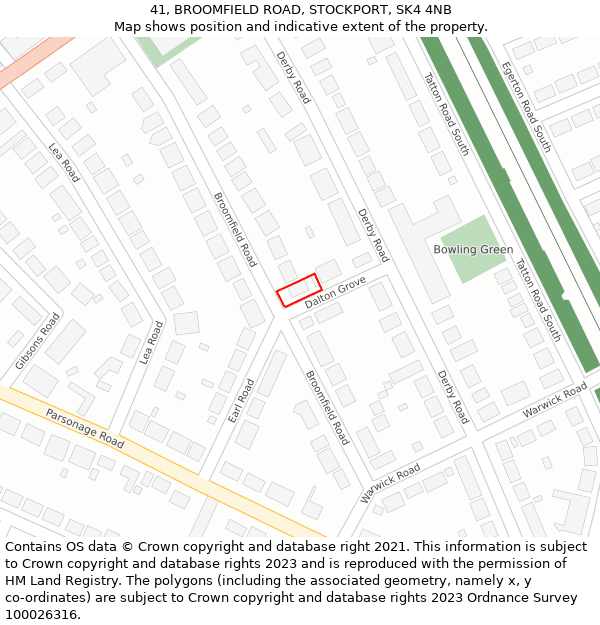 41, BROOMFIELD ROAD, STOCKPORT, SK4 4NB: Location map and indicative extent of plot