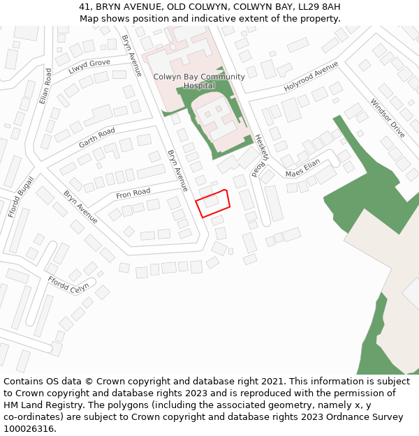 41, BRYN AVENUE, OLD COLWYN, COLWYN BAY, LL29 8AH: Location map and indicative extent of plot