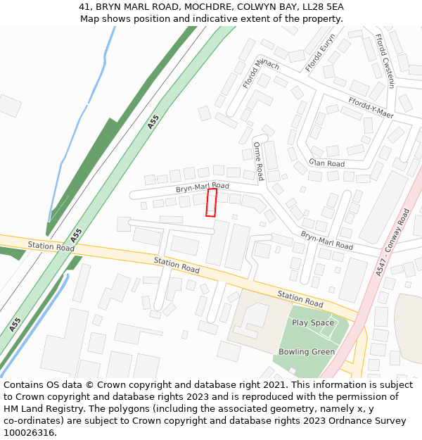 41, BRYN MARL ROAD, MOCHDRE, COLWYN BAY, LL28 5EA: Location map and indicative extent of plot