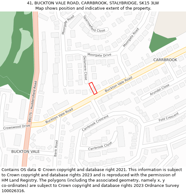 41, BUCKTON VALE ROAD, CARRBROOK, STALYBRIDGE, SK15 3LW: Location map and indicative extent of plot