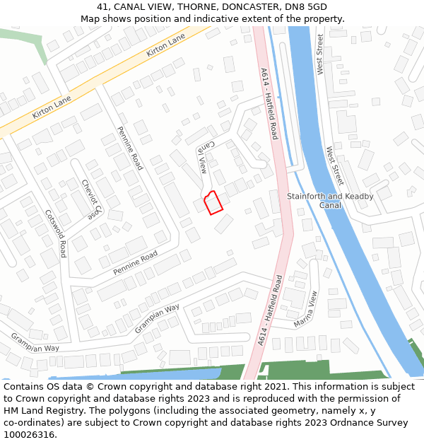 41, CANAL VIEW, THORNE, DONCASTER, DN8 5GD: Location map and indicative extent of plot