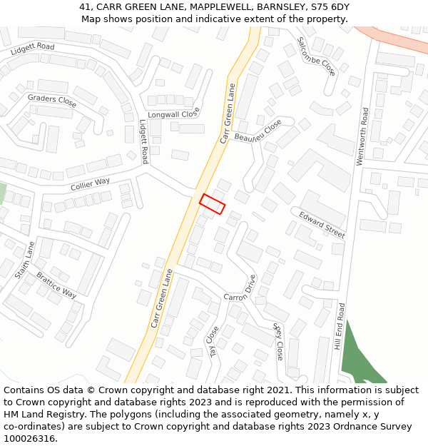41, CARR GREEN LANE, MAPPLEWELL, BARNSLEY, S75 6DY: Location map and indicative extent of plot