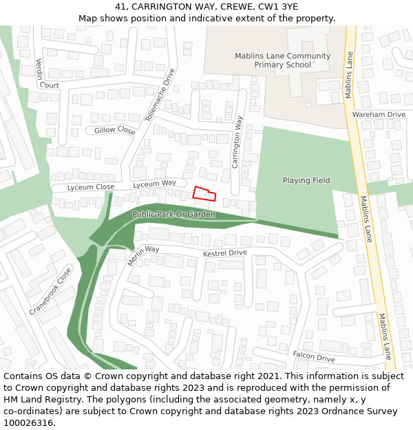 41, CARRINGTON WAY, CREWE, CW1 3YE: Location map and indicative extent of plot