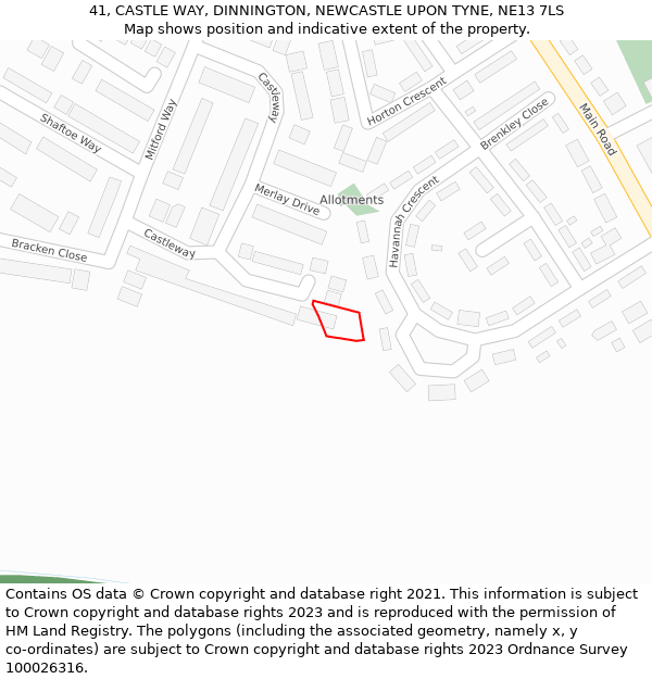 41, CASTLE WAY, DINNINGTON, NEWCASTLE UPON TYNE, NE13 7LS: Location map and indicative extent of plot