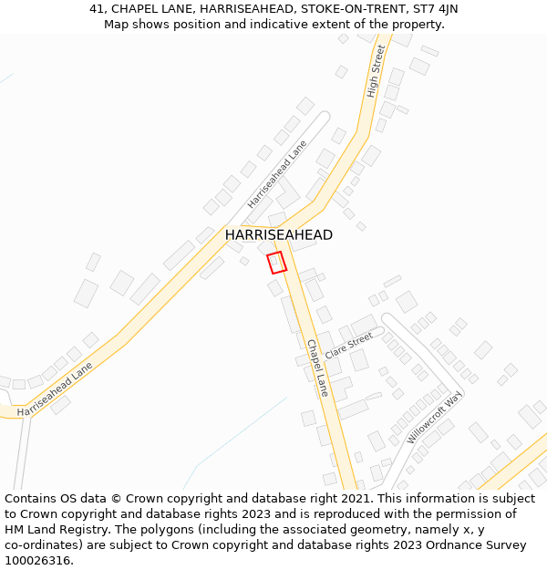 41, CHAPEL LANE, HARRISEAHEAD, STOKE-ON-TRENT, ST7 4JN: Location map and indicative extent of plot