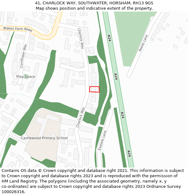 41, CHARLOCK WAY, SOUTHWATER, HORSHAM, RH13 9GS: Location map and indicative extent of plot