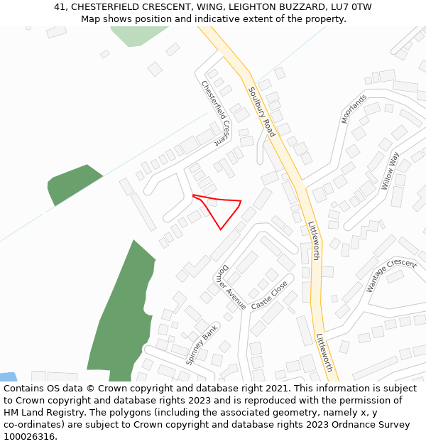 41, CHESTERFIELD CRESCENT, WING, LEIGHTON BUZZARD, LU7 0TW: Location map and indicative extent of plot