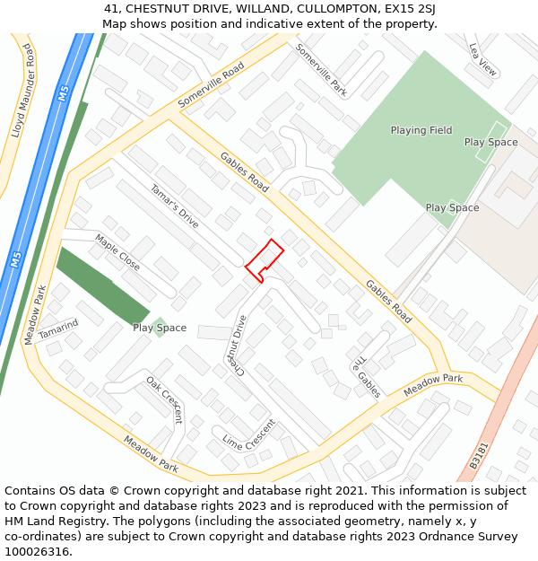 41, CHESTNUT DRIVE, WILLAND, CULLOMPTON, EX15 2SJ: Location map and indicative extent of plot