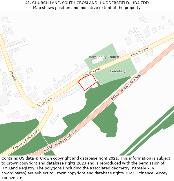 41, CHURCH LANE, SOUTH CROSLAND, HUDDERSFIELD, HD4 7DD: Location map and indicative extent of plot