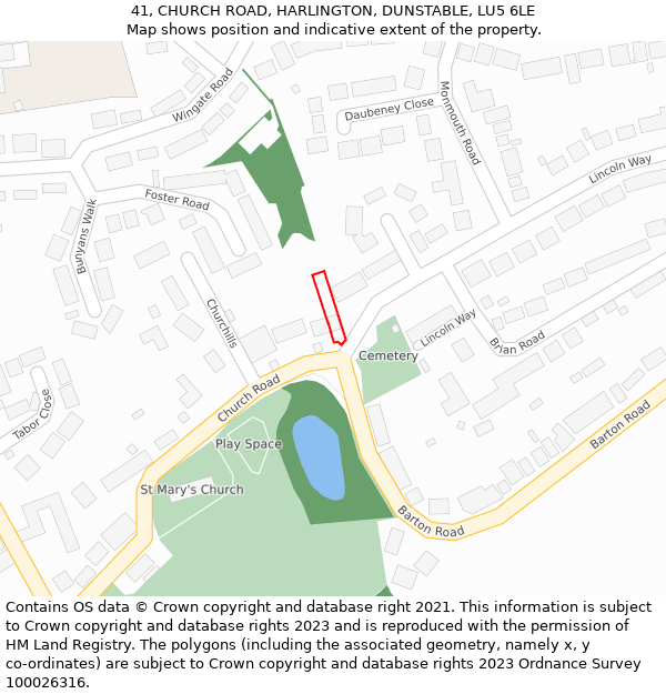 41, CHURCH ROAD, HARLINGTON, DUNSTABLE, LU5 6LE: Location map and indicative extent of plot