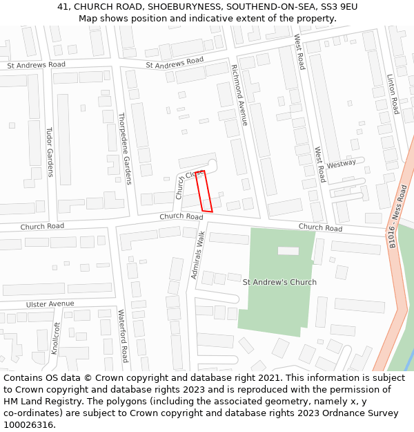 41, CHURCH ROAD, SHOEBURYNESS, SOUTHEND-ON-SEA, SS3 9EU: Location map and indicative extent of plot