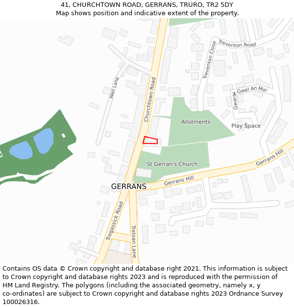 41, CHURCHTOWN ROAD, GERRANS, TRURO, TR2 5DY: Location map and indicative extent of plot