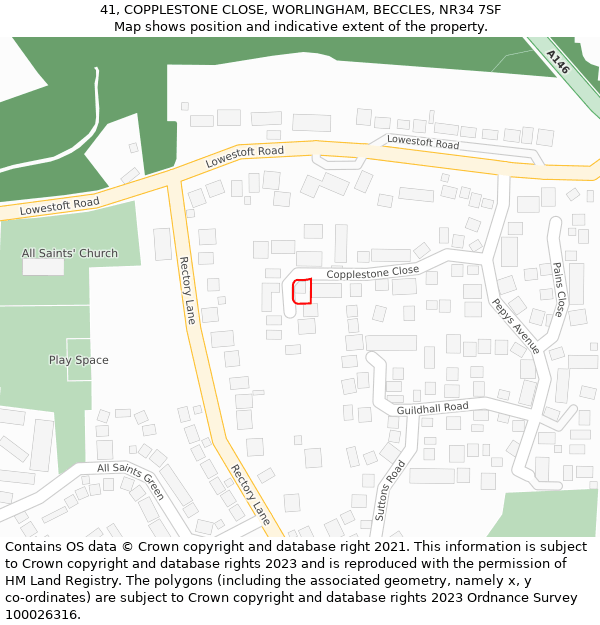 41, COPPLESTONE CLOSE, WORLINGHAM, BECCLES, NR34 7SF: Location map and indicative extent of plot