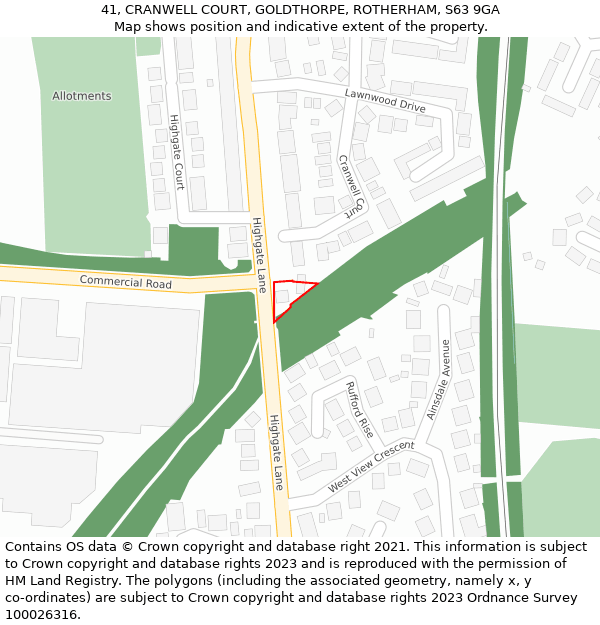 41, CRANWELL COURT, GOLDTHORPE, ROTHERHAM, S63 9GA: Location map and indicative extent of plot