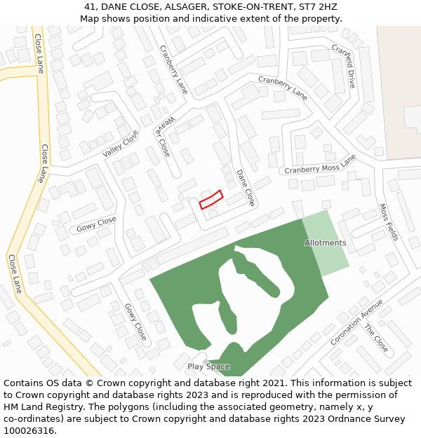 41, DANE CLOSE, ALSAGER, STOKE-ON-TRENT, ST7 2HZ: Location map and indicative extent of plot