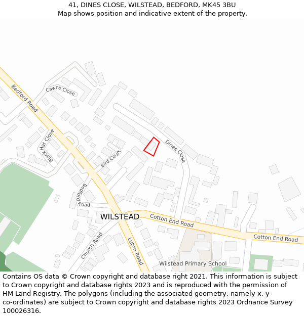 41, DINES CLOSE, WILSTEAD, BEDFORD, MK45 3BU: Location map and indicative extent of plot