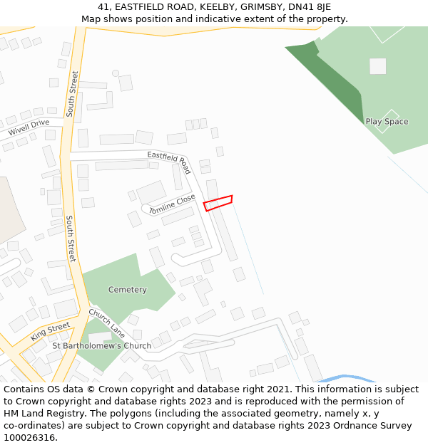 41, EASTFIELD ROAD, KEELBY, GRIMSBY, DN41 8JE: Location map and indicative extent of plot