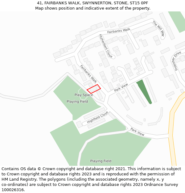 41, FAIRBANKS WALK, SWYNNERTON, STONE, ST15 0PF: Location map and indicative extent of plot