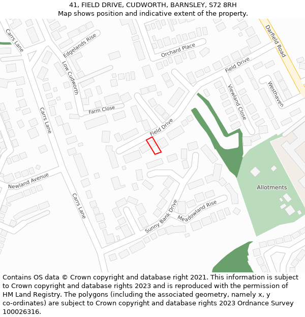 41, FIELD DRIVE, CUDWORTH, BARNSLEY, S72 8RH: Location map and indicative extent of plot