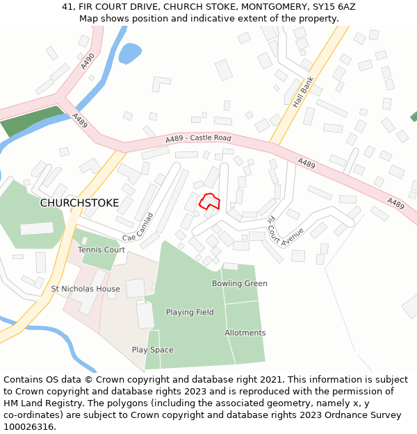 41, FIR COURT DRIVE, CHURCH STOKE, MONTGOMERY, SY15 6AZ: Location map and indicative extent of plot