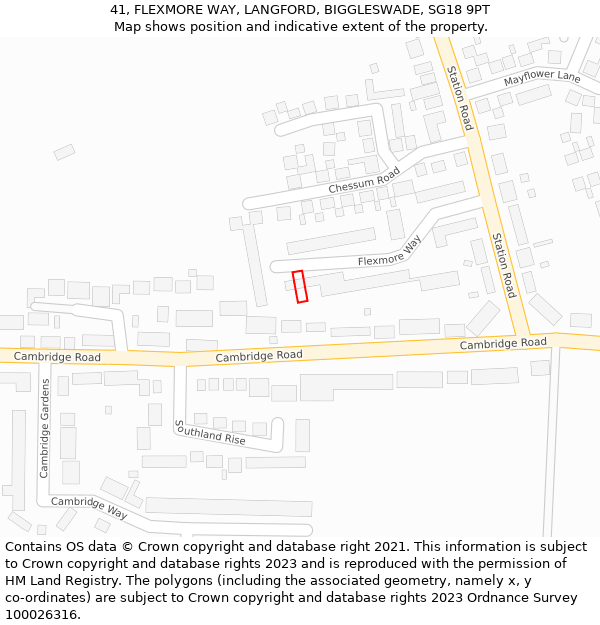 41, FLEXMORE WAY, LANGFORD, BIGGLESWADE, SG18 9PT: Location map and indicative extent of plot