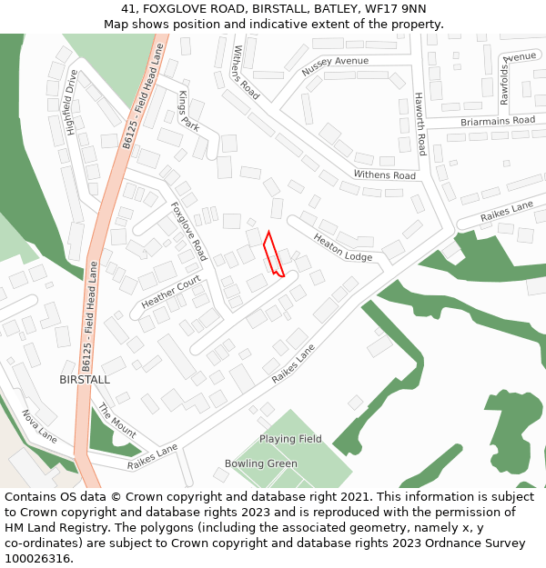 41, FOXGLOVE ROAD, BIRSTALL, BATLEY, WF17 9NN: Location map and indicative extent of plot