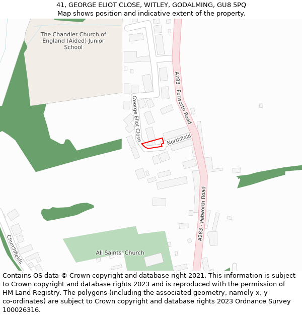 41, GEORGE ELIOT CLOSE, WITLEY, GODALMING, GU8 5PQ: Location map and indicative extent of plot