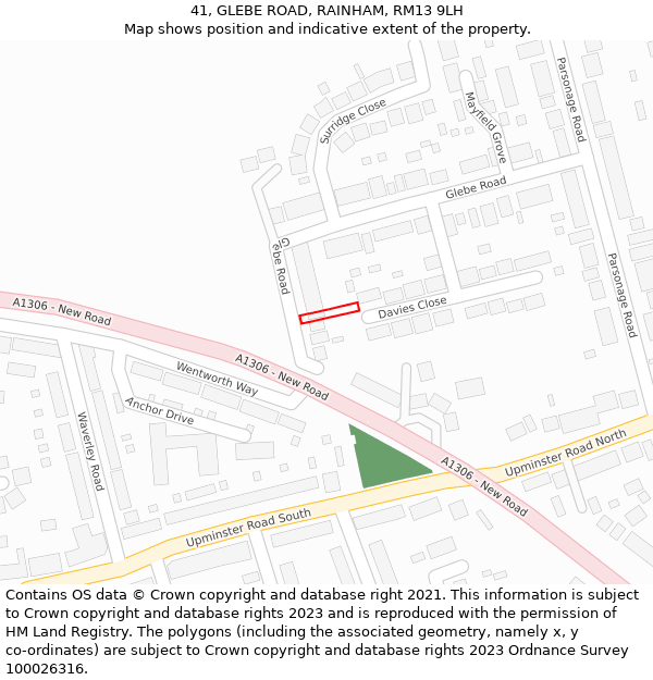 41, GLEBE ROAD, RAINHAM, RM13 9LH: Location map and indicative extent of plot