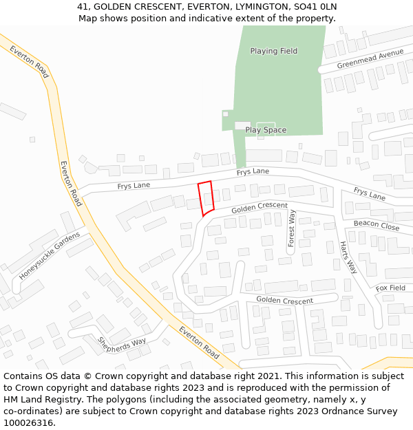 41, GOLDEN CRESCENT, EVERTON, LYMINGTON, SO41 0LN: Location map and indicative extent of plot