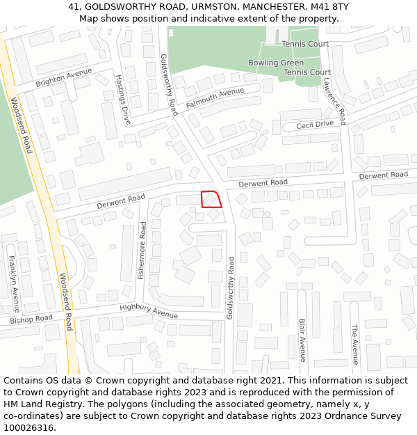 41, GOLDSWORTHY ROAD, URMSTON, MANCHESTER, M41 8TY: Location map and indicative extent of plot