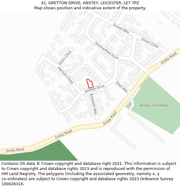 41, GRETTON DRIVE, ANSTEY, LEICESTER, LE7 7PZ: Location map and indicative extent of plot