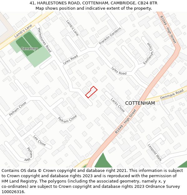 41, HARLESTONES ROAD, COTTENHAM, CAMBRIDGE, CB24 8TR: Location map and indicative extent of plot