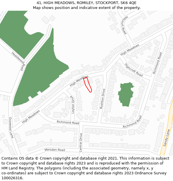 41, HIGH MEADOWS, ROMILEY, STOCKPORT, SK6 4QE: Location map and indicative extent of plot