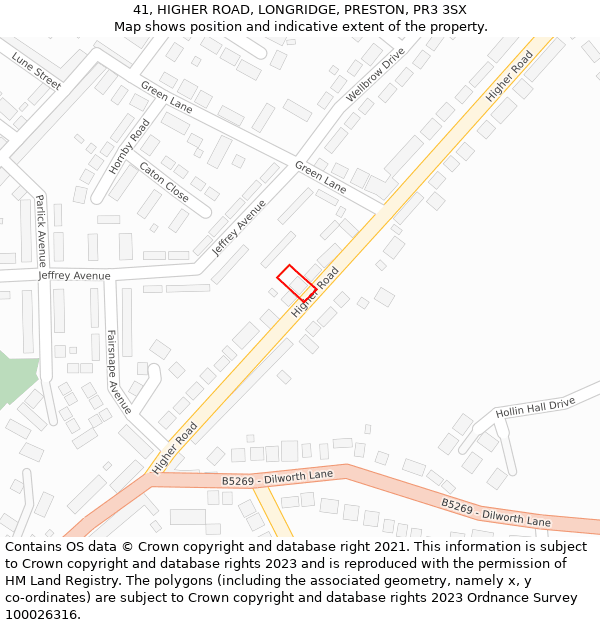 41, HIGHER ROAD, LONGRIDGE, PRESTON, PR3 3SX: Location map and indicative extent of plot