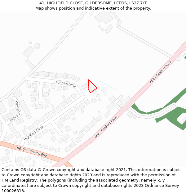 41, HIGHFIELD CLOSE, GILDERSOME, LEEDS, LS27 7LT: Location map and indicative extent of plot