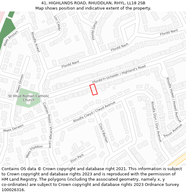 41, HIGHLANDS ROAD, RHUDDLAN, RHYL, LL18 2SB: Location map and indicative extent of plot