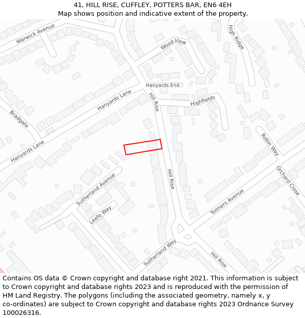 41, HILL RISE, CUFFLEY, POTTERS BAR, EN6 4EH: Location map and indicative extent of plot