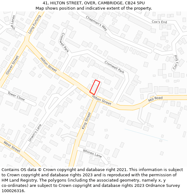 41, HILTON STREET, OVER, CAMBRIDGE, CB24 5PU: Location map and indicative extent of plot