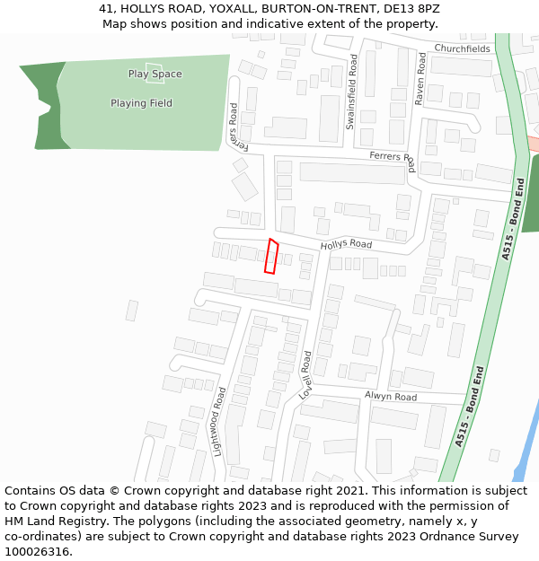 41, HOLLYS ROAD, YOXALL, BURTON-ON-TRENT, DE13 8PZ: Location map and indicative extent of plot