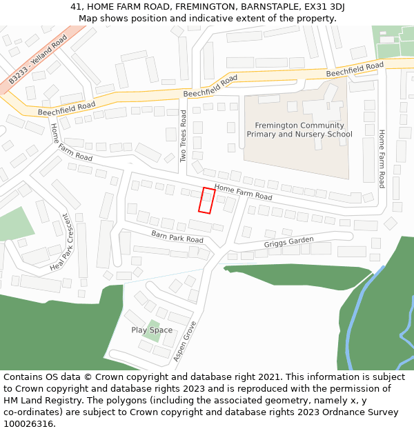 41, HOME FARM ROAD, FREMINGTON, BARNSTAPLE, EX31 3DJ: Location map and indicative extent of plot