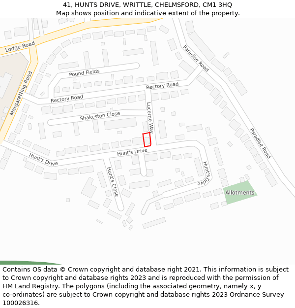 41, HUNTS DRIVE, WRITTLE, CHELMSFORD, CM1 3HQ: Location map and indicative extent of plot