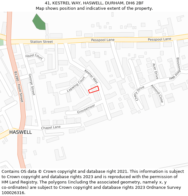 41, KESTREL WAY, HASWELL, DURHAM, DH6 2BF: Location map and indicative extent of plot