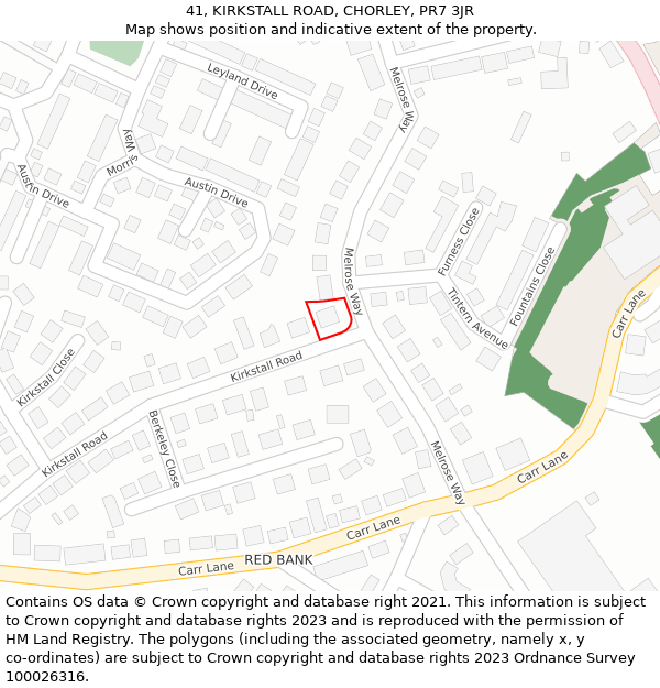 41, KIRKSTALL ROAD, CHORLEY, PR7 3JR: Location map and indicative extent of plot