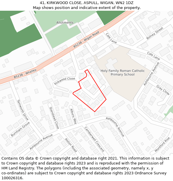 41, KIRKWOOD CLOSE, ASPULL, WIGAN, WN2 1DZ: Location map and indicative extent of plot